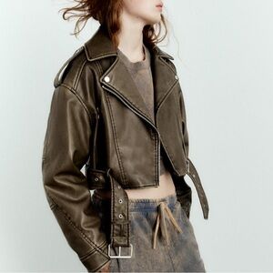 ZARA LIKE NEW BROWN CHARCOAL FAUX LEATHER BIKER JACKET. 4341/816-826, XS SMALL